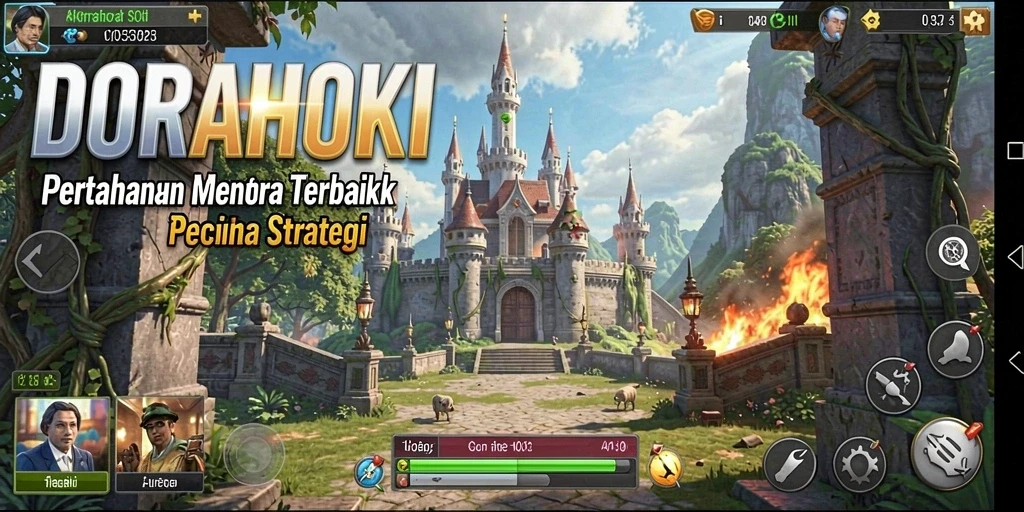 Tangkapan layar DORAHOKI menampilkan aksi pertahanan menara yang seru.