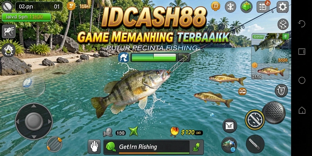Screenshot gameplay IDCASH88 memperlihatkan serunya memancing di lautan biru.