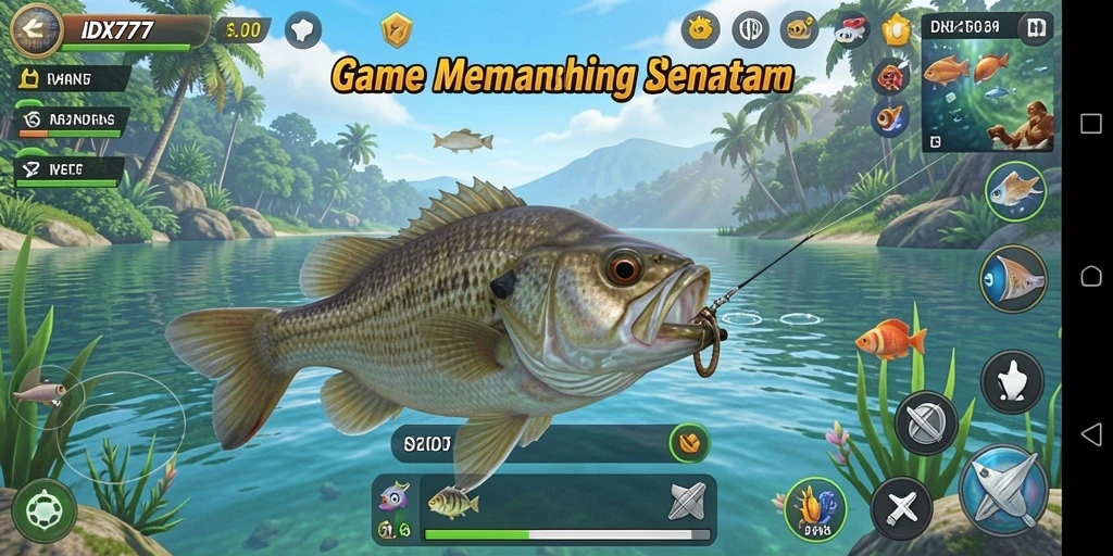 Tampilan gameplay seru dengan berbagai ikan menunggu untuk ditangkap.